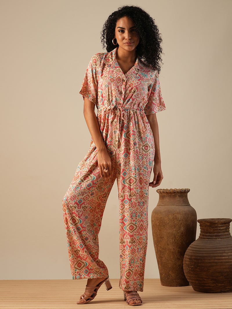 globus Globus Women Cuban Collar Geometric Print Waist Tie-Ups Fusion Jumpsuit - Image 1
