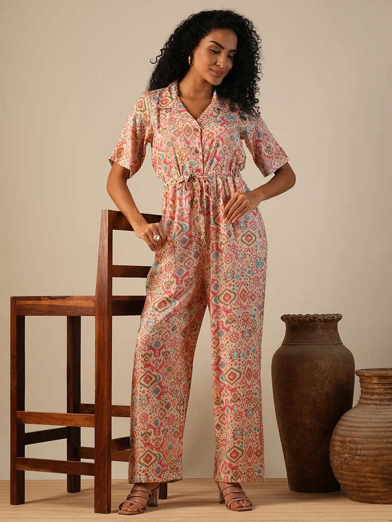 globus Women Cuban Collar Geometric Print Waist Tie-Ups Fusion Jumpsuit