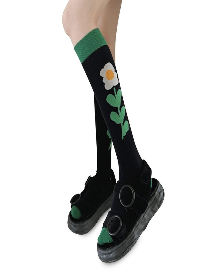 Benefeet Sox جوارب طويلة سوداء لطيفة للنساء والفتيات، جوارب طويلة خضراء مزينة بنقوش زهور عباد الشمس، جوارب قطنية طويلة مريحة، جوارب رياضية ملونة ومرحة بنقوش مميزة، جوارب أنبوبية للبيسبول، عباد الشمس، أخضر وأسود - Image 5