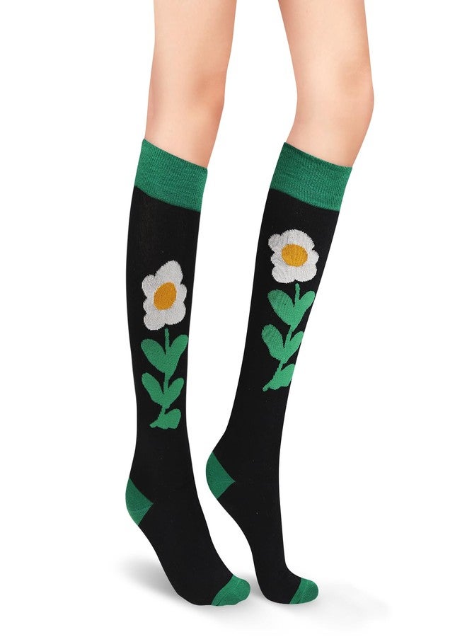 Benefeet Sox جوارب طويلة سوداء لطيفة للنساء والفتيات، جوارب طويلة خضراء مزينة بنقوش زهور عباد الشمس، جوارب قطنية طويلة مريحة، جوارب رياضية ملونة ومرحة بنقوش مميزة، جوارب أنبوبية للبيسبول، عباد الشمس، أخضر وأسود - Image 2