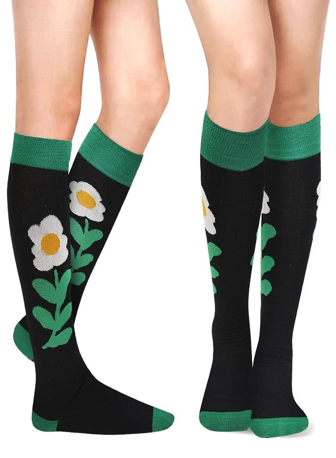 Benefeet Sox جوارب طويلة سوداء لطيفة للنساء والفتيات، جوارب طويلة خضراء مزينة بنقوش زهور عباد الشمس، جوارب قطنية طويلة مريحة، جوارب رياضية ملونة ومرحة بنقوش مميزة، جوارب أنبوبية للبيسبول، عباد الشمس، أخضر وأسود - Image 4