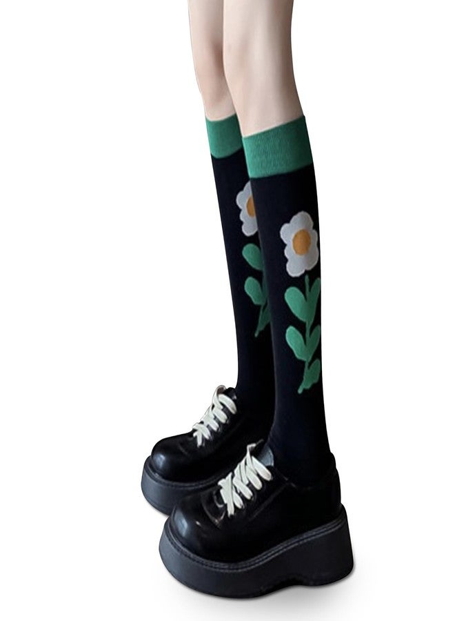 Benefeet Sox جوارب طويلة سوداء لطيفة للنساء والفتيات، جوارب طويلة خضراء مزينة بنقوش زهور عباد الشمس، جوارب قطنية طويلة مريحة، جوارب رياضية ملونة ومرحة بنقوش مميزة، جوارب أنبوبية للبيسبول، عباد الشمس، أخضر وأسود - Image 3