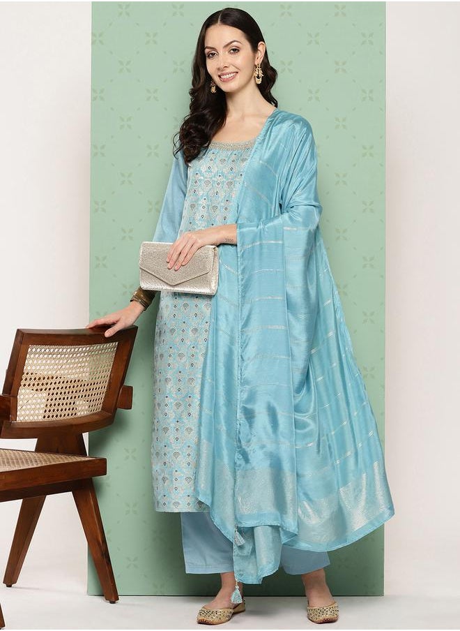 Libas - Printed Straight Kurta and Solid Trouser with Dupatta Set by Styli - Image 1