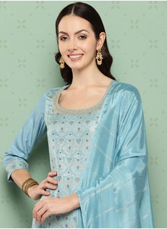 Libas Printed Straight Kurta and Solid Trouser with Dupatta Set by Styli  - Image 4