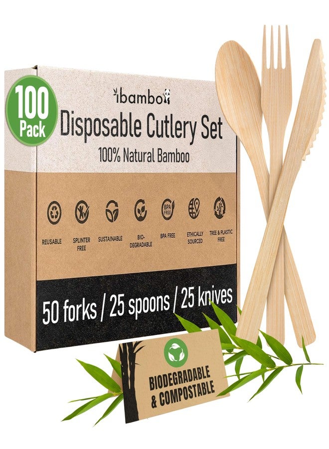 Ibambo 100% Bamboo Utensils Set - 100x Compostable Cutlery Set (50 Compostable Forks, 25 Disposable Spoons, 25 Biodegradable Knives) | Bamboo Silverware | FSC Certified for Weddings, Camping, Party - Image 1