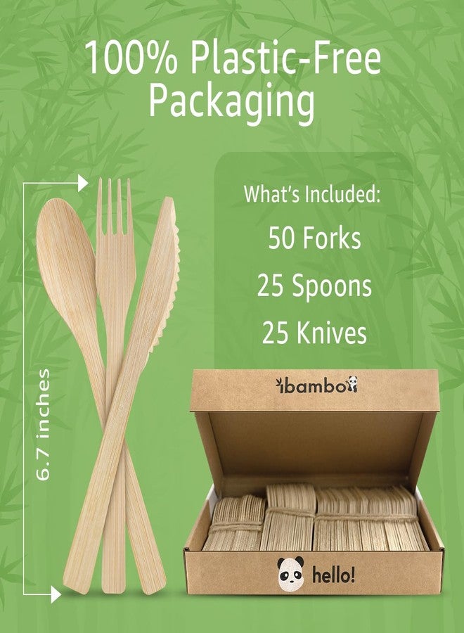 Ibambo 100% Bamboo Utensils Set - 100x Compostable Cutlery Set (50 Compostable Forks, 25 Disposable Spoons, 25 Biodegradable Knives) | Bamboo Silverware | FSC Certified for Weddings, Camping, Party - Image 4