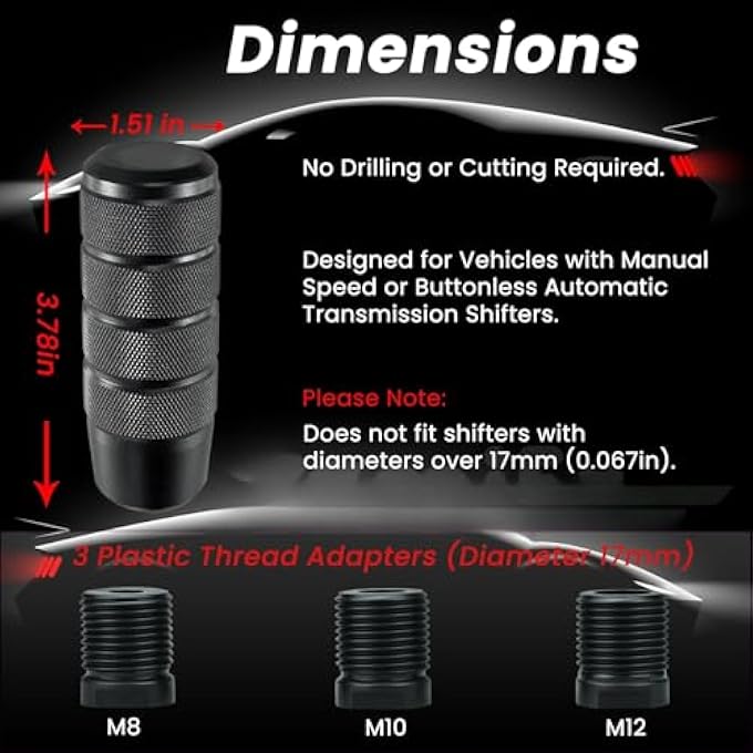 rayihni THE WHITE SHOP Shifter Knob Aluminum Weighted Car Gear Shift Manual knobs Fit Universal Manual Transmission Vehicle with 3 Threaded Adapters M8 M10 M12 x 125 Color  Black - Image 3