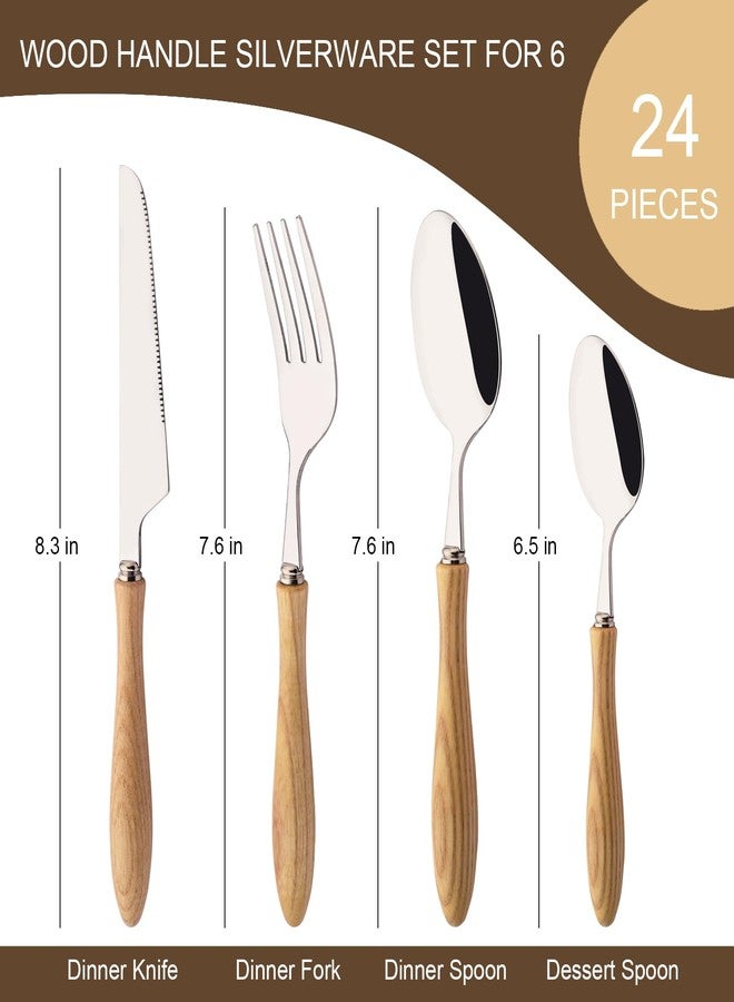 Uniturcky 304 Stainless Steel Flatware Silverware Set with Wooden Handles, Rustic Tableware Cutlery Set for 6, Natural Wood Grain Knives Forks Spoons Set, (24 PCS, White Ash Wood Handle) - Image 2