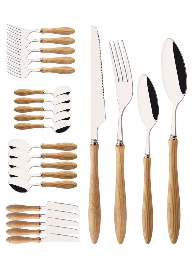Uniturcky 304 Stainless Steel Flatware Silverware Set with Wooden Handles, Rustic Tableware Cutlery Set for 6, Natural Wood Grain Knives Forks Spoons Set, (24 PCS, White Ash Wood Handle) - Image 1