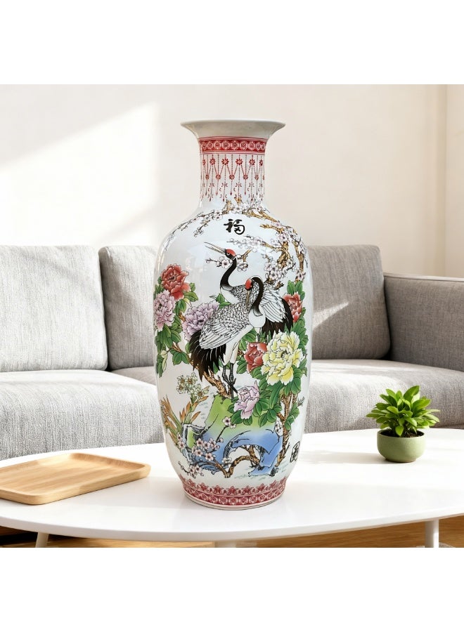 مزهرية سيراميك أنيقة مزخرفة 45 سم بتصميم فني صيني على شكل طائر الكركي والزهور، مزهرية خزفية فاخرة لتزيين المنزل وغرفة المعيشة والفندق، قطعة مركزية على حامل زهور - Image 2