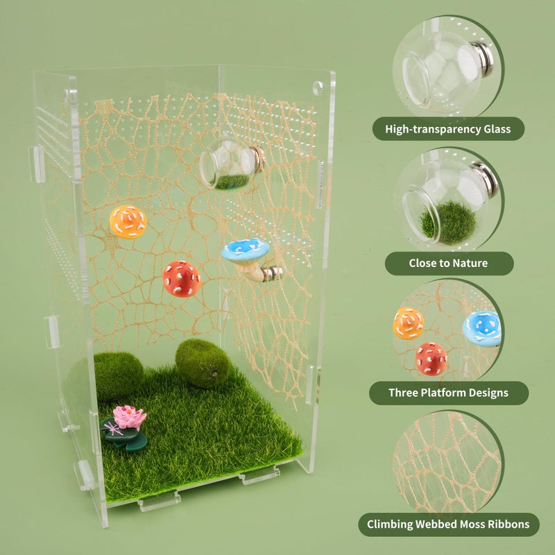 GAGILAND 6pcs Jumping Spider Accessories Glass Ball Hide Habitat Mushroom Platform Spider Webbed Moss Ribbons Decorating Jumping Spiders Enclosure Accessories for Climbing Resting and Exploration - Image 3