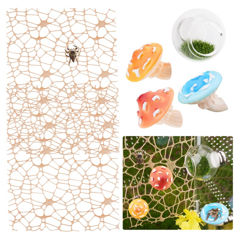 GAGILAND 6pcs Jumping Spider Accessories Glass Ball Hide Habitat Mushroom Platform Spider Webbed Moss Ribbons Decorating Jumping Spiders Enclosure Accessories for Climbing Resting and Exploration - Image 1