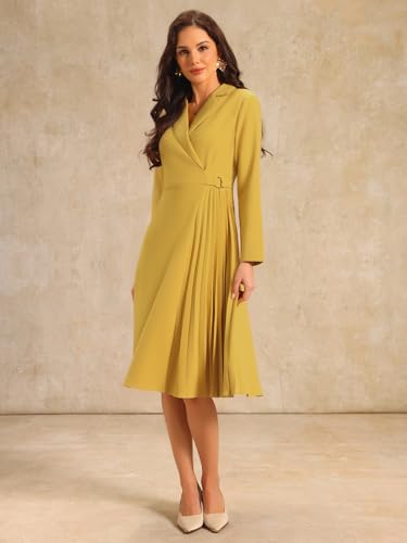 Hobemty Women's Notch Lapel Wrap Neck Dress Long Sleeve A-Line Midi Pleated Dresses Large Yellow - Image 3