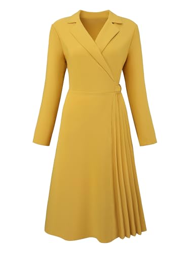 Hobemty Women's Notch Lapel Wrap Neck Dress Long Sleeve A-Line Midi Pleated Dresses Large Yellow - Image 1