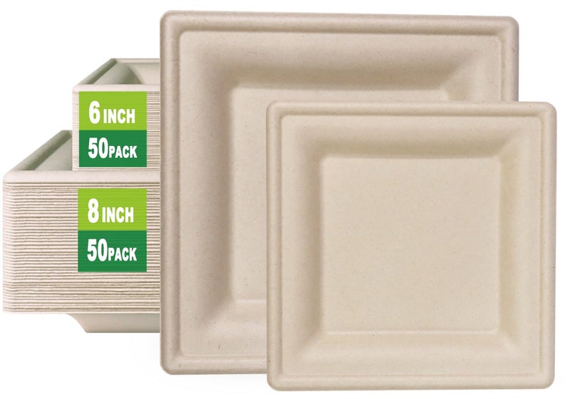 GreenWorks 6 inch and 8 inch Heavy-duty Compostable Plates (each 50 Count), 100 Count Bagasse and Bamboo Fiber Disposable Paper Plates - Image 1