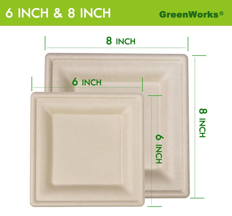 GreenWorks 6 inch and 8 inch Heavy-duty Compostable Plates (each 50 Count), 100 Count Bagasse and Bamboo Fiber Disposable Paper Plates - Image 3