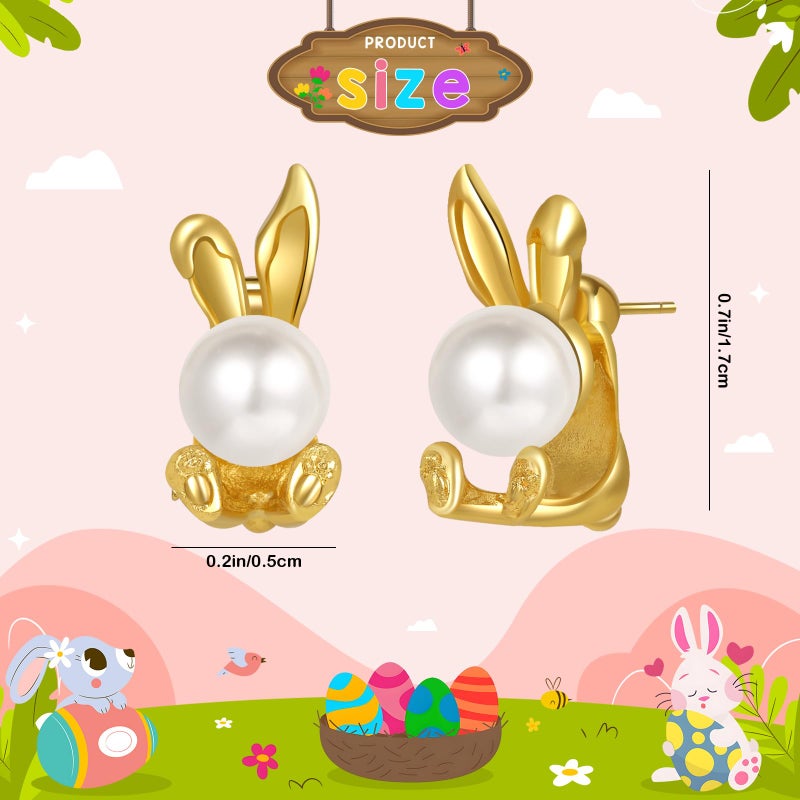 Joyline Easter Rabbit Earrings for Women Cute Easter Bunny Pearl Stud Earrings Festival Jewelry Gifts (Gold) - Image 2