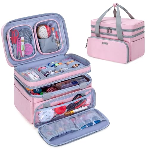 BAFASO Double Layer Sewing Accessories Organizer with 2 Detachable Pouches Large Sewing Storage Bag for Sewing Tools Bag ONLY Pink - Image 1