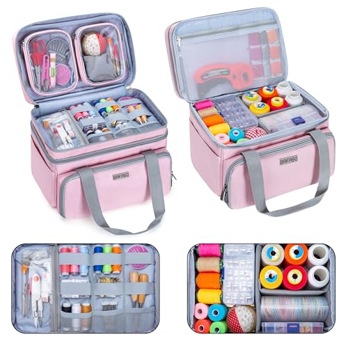 BAFASO Double Layer Sewing Accessories Organizer with 2 Detachable Pouches Large Sewing Storage Bag for Sewing Tools Bag ONLY Pink - Image 3