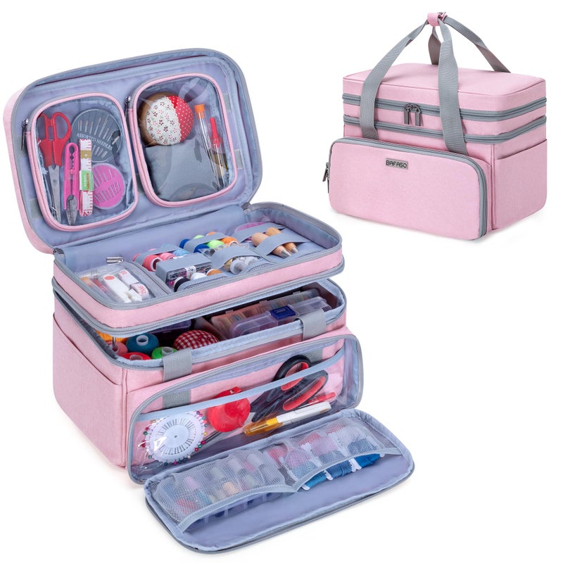BAFASO Double Layer Sewing Accessories Organizer with 2 Detachable Pouches Large Sewing Storage Bag for Sewing Tools Bag ONLY Pink - Image 2