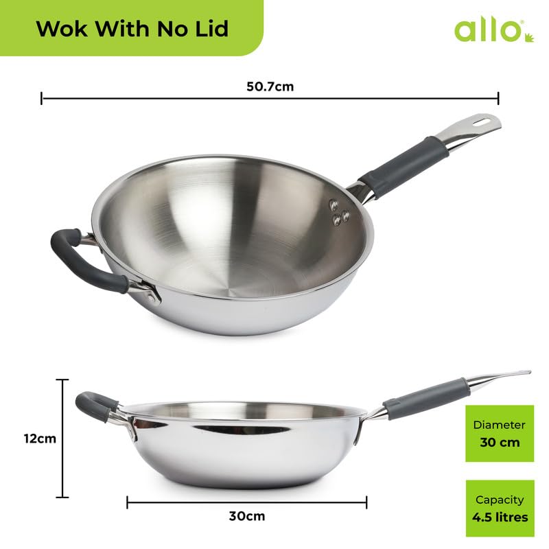 Allo Triply Stainless Steel Wok for Deep Fry/Stir Fry/Dry Veg/Sauté/Chinese Wok Cooking/Noodles Induction Friendly Naturally Non-Stick | 10 Years Warranty, 28Cm, 4.5 Litre - Image 2