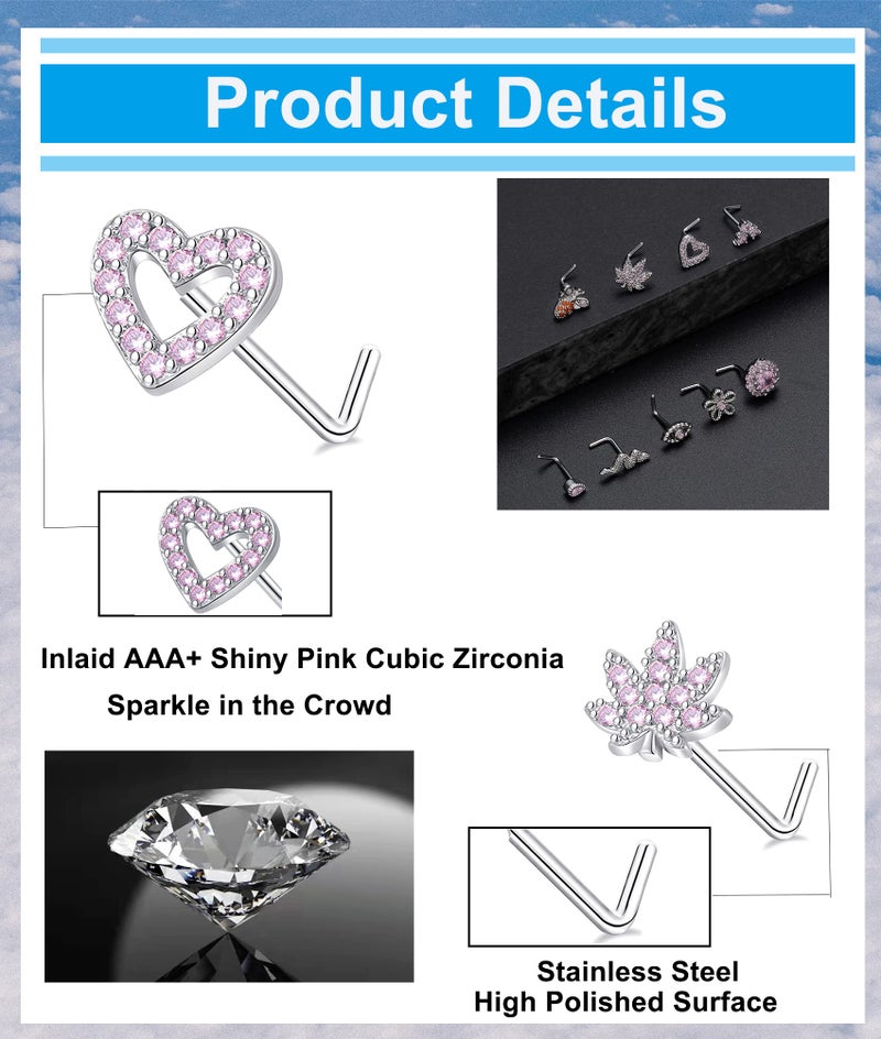 Tornito 16Pcs L Shaped Flower Snake Butterfly Heart CZ Dangle Nose Studs Rings Body Piercing Jewelry for Women Men 20G Pink Tone - Image 2