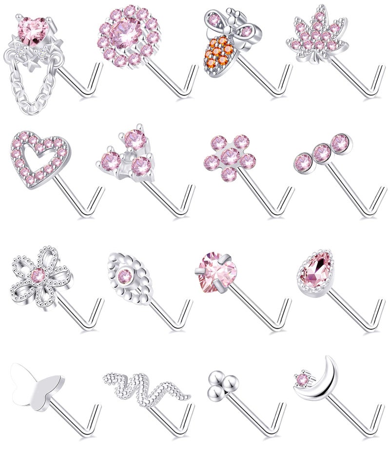 Tornito 16Pcs L Shaped Flower Snake Butterfly Heart CZ Dangle Nose Studs Rings Body Piercing Jewelry for Women Men 20G Pink Tone - Image 1