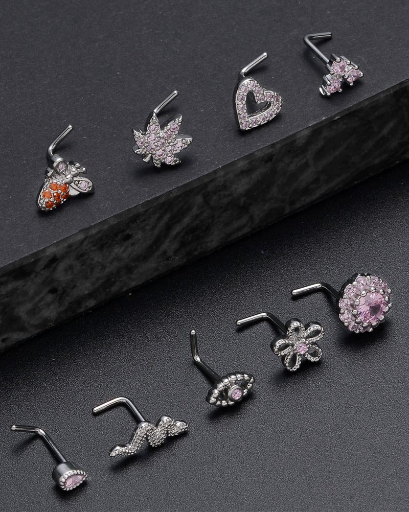 Tornito 16Pcs L Shaped Flower Snake Butterfly Heart CZ Dangle Nose Studs Rings Body Piercing Jewelry for Women Men 20G Pink Tone - Image 5