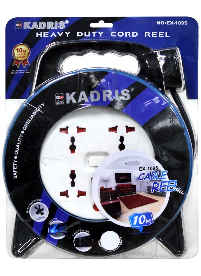 KADRIS - Heavy Duty 3 way Socket Extension Reel with switch Cassette Cable Lead with 10 Mtr cable length , ESMA approved - Image 1