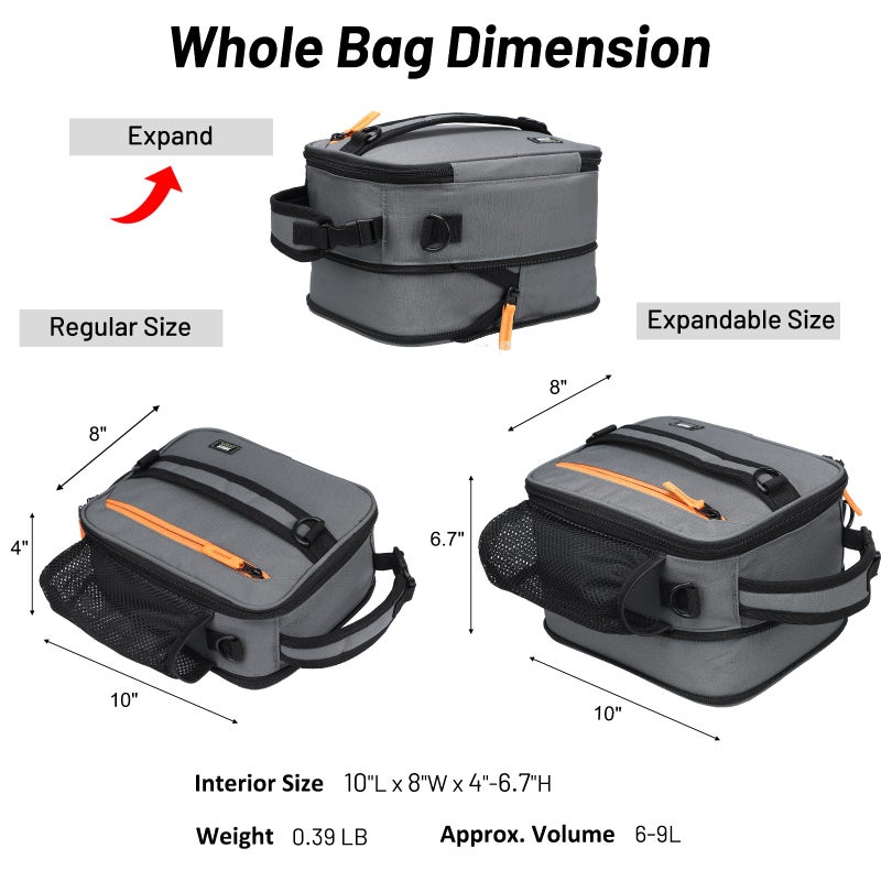 MIER Expandable Lunch Bag Insulated Lunch Box for Men to Work Travel Portable Lunchbox Bags with Shoulder Strap and Water Bottle Holder(Grey/Orange) - Image 3