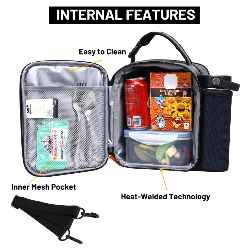 MIER Expandable Lunch Bag Insulated Lunch Box for Men to Work Travel Portable Lunchbox Bags with Shoulder Strap and Water Bottle Holder(Grey/Orange) - Image 2