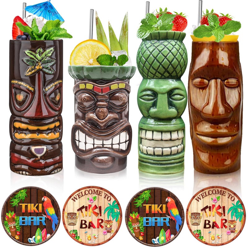 Tiki Mugs Set of 4  Ceramic Hawaiian Party Mugs Drinkware Tiki Bar Mugs for Cocktails Premium Tropical Cups Drinks for Exotic Party