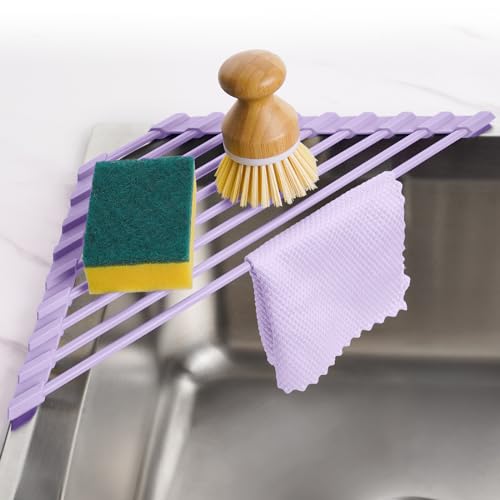 Tomorotec Compact Silicone-Coated Triangle Dish Drying Rack for Sink Corner - Foldable Stainless Steel Over-The-Sink Organizer and Storage Shelf (Light Purple) - Image 1