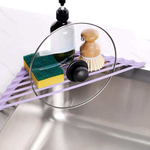 Tomorotec Compact Silicone-Coated Triangle Dish Drying Rack for Sink Corner - Foldable Stainless Steel Over-The-Sink Organizer and Storage Shelf (Light Purple) - Image 4