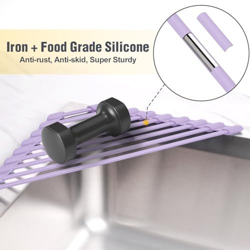 Tomorotec Compact Silicone-Coated Triangle Dish Drying Rack for Sink Corner - Foldable Stainless Steel Over-The-Sink Organizer and Storage Shelf (Light Purple) - Image 3