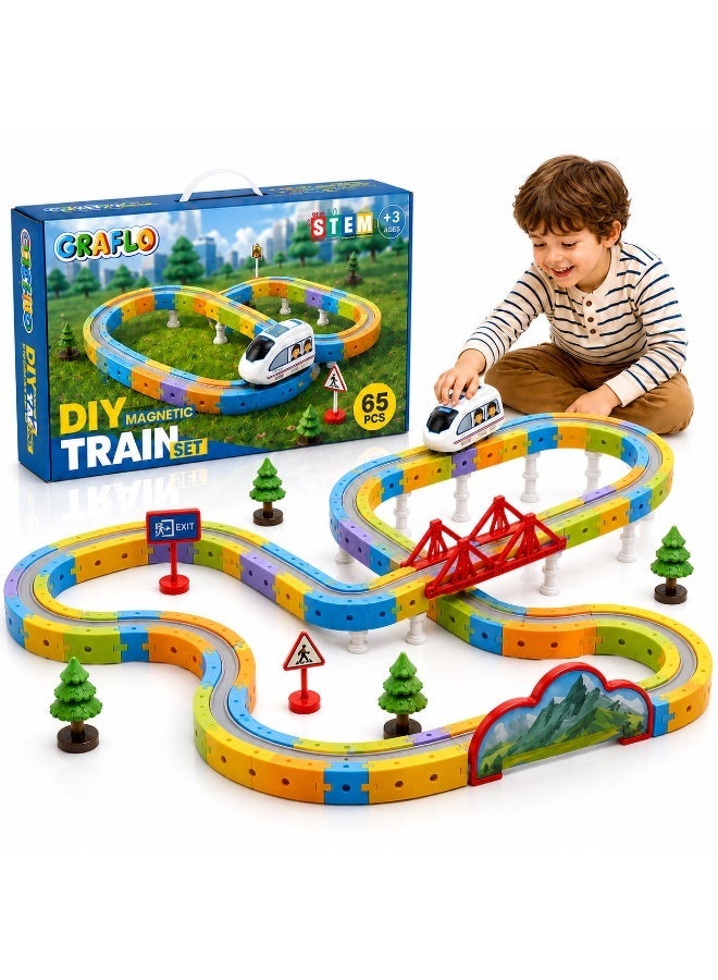 GRAFLO 65PCS Magnetic Electric Train Building Blocks Set - STEM Educational toy for Kids, Construction Stacking Toy with Train Cars, Tracks & Figures, Gift for Boys & Girls Ages 3-8 - Image 1