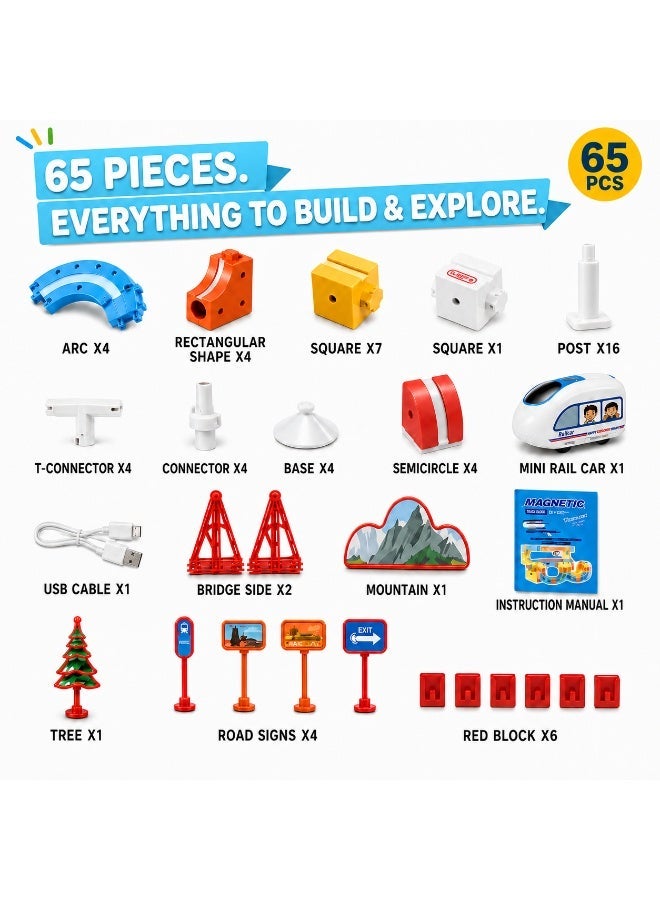 GRAFLO 65PCS Magnetic Electric Train Building Blocks Set - STEM Educational toy for Kids, Construction Stacking Toy with Train Cars, Tracks & Figures, Gift for Boys & Girls Ages 3-8 - Image 3