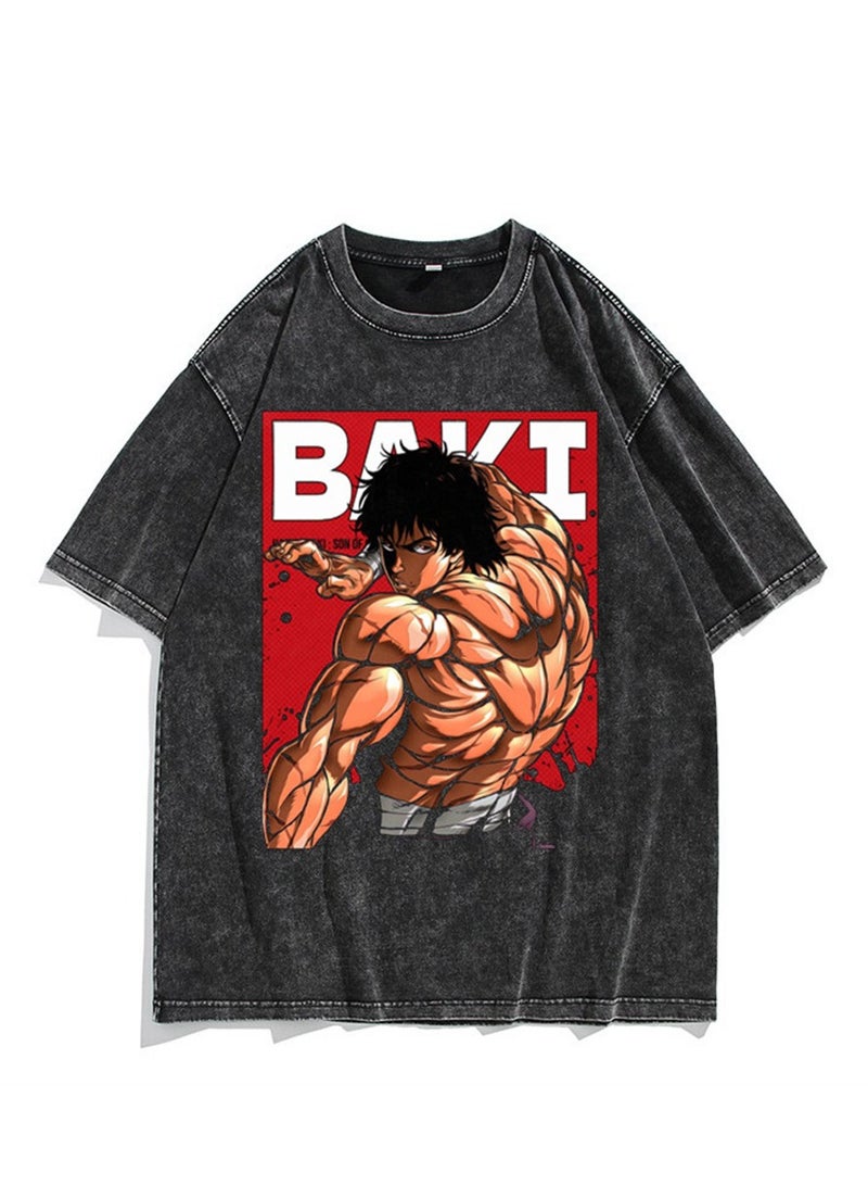 Washed retro T-shirt street hip hop anime Baki Hanma casual cotton summer short sleeves - Image 1