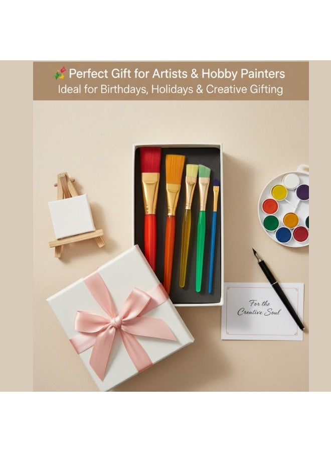 Boyixuan 5 Pcs Flat Paint Brushes Set – Nylon Bristle Painting Brushes with Wooden Handles & Gold Ferrules, Assorted Sizes for Acrylic, Watercolor & Oil Painting – Perfect Art Gift for Artists & Students (Multi-colour) - Image 5