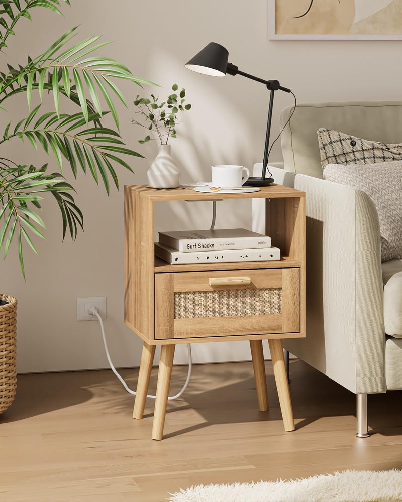 Aienvey Rattan Nightstand with Charging Station, Small Night Stand, Side Table with Drawer Open Shelf, Cane Accent Bedside End Table with Wood Legs, Modern Nightstand for Bedroom, Oak (Modern) - Image 1