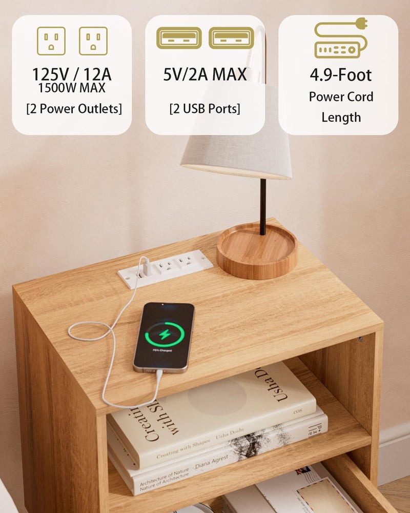 Aienvey Rattan Nightstand with Charging Station, Small Night Stand, Side Table with Drawer Open Shelf, Cane Accent Bedside End Table with Wood Legs, Modern Nightstand for Bedroom, Oak (Modern) - Image 4