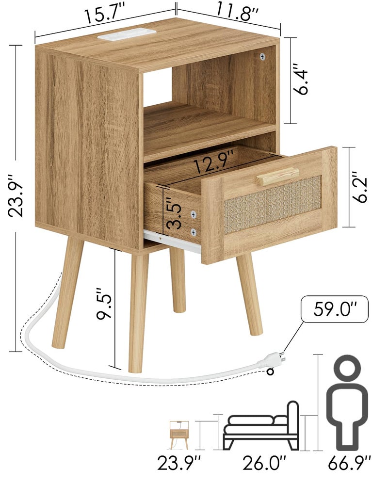 Aienvey Rattan Nightstand with Charging Station, Small Night Stand, Side Table with Drawer Open Shelf, Cane Accent Bedside End Table with Wood Legs, Modern Nightstand for Bedroom, Oak (Modern) - Image 2