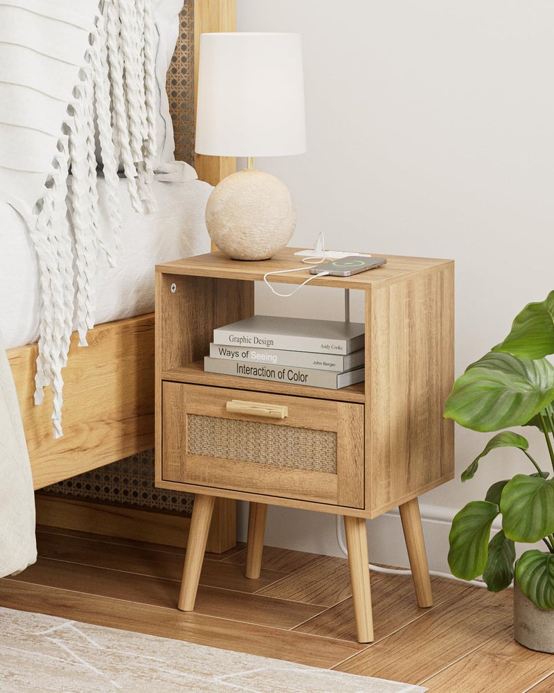 Aienvey Rattan Nightstand with Charging Station, Small Night Stand, Side Table with Drawer Open Shelf, Cane Accent Bedside End Table with Wood Legs, Modern Nightstand for Bedroom, Oak (Modern) - Image 3