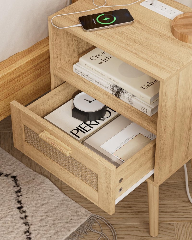 Aienvey Rattan Nightstand with Charging Station, Small Night Stand, Side Table with Drawer Open Shelf, Cane Accent Bedside End Table with Wood Legs, Modern Nightstand for Bedroom, Oak (Modern) - Image 5