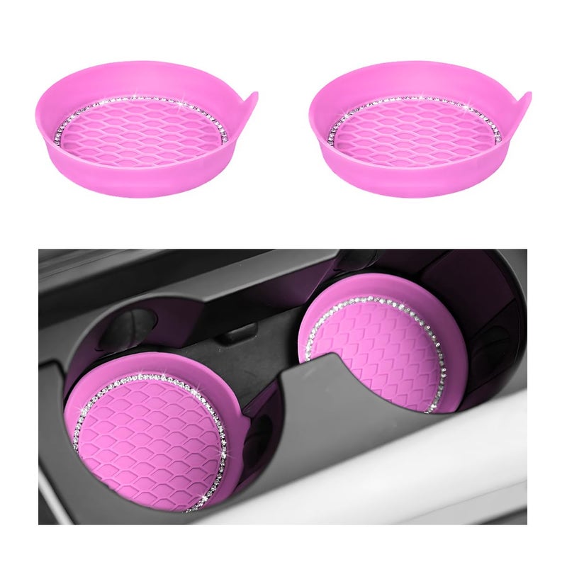 NYTKL 2 PCS Bling Car Cup Coaster, Crystal Rhinestone Cup Holder Insert for Car Interior Decoration, Non Slip Shockproof Silicon Sparkly Drink Met Universal for Most Vehicles (Pink) - Image 1