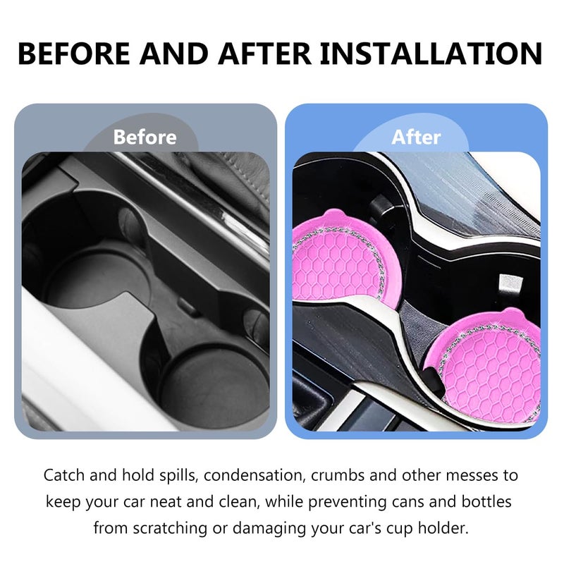 NYTKL 2 PCS Bling Car Cup Coaster, Crystal Rhinestone Cup Holder Insert for Car Interior Decoration, Non Slip Shockproof Silicon Sparkly Drink Met Universal for Most Vehicles (Pink) - Image 4