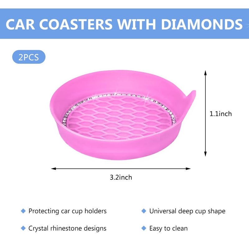 NYTKL 2 PCS Bling Car Cup Coaster, Crystal Rhinestone Cup Holder Insert for Car Interior Decoration, Non Slip Shockproof Silicon Sparkly Drink Met Universal for Most Vehicles (Pink) - Image 2