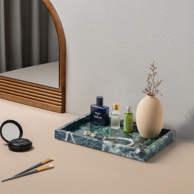 Zilukar Real Natural Marble Tray for Bathroom, Vanity, Kitchen and Desktop, Rectangle Genuine Marble Stone Tray for Jewelry, Cosmetics, Candles, Lotion, Perfume (Snowflake-Green, 12" x 8" x 1.2") - Image 5
