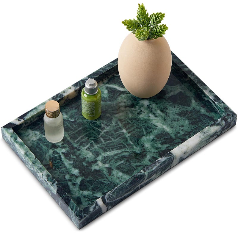 Zilukar Real Natural Marble Tray for Bathroom, Vanity, Kitchen and Desktop, Rectangle Genuine Marble Stone Tray for Jewelry, Cosmetics, Candles, Lotion, Perfume (Snowflake-Green, 12" x 8" x 1.2") - Image 1