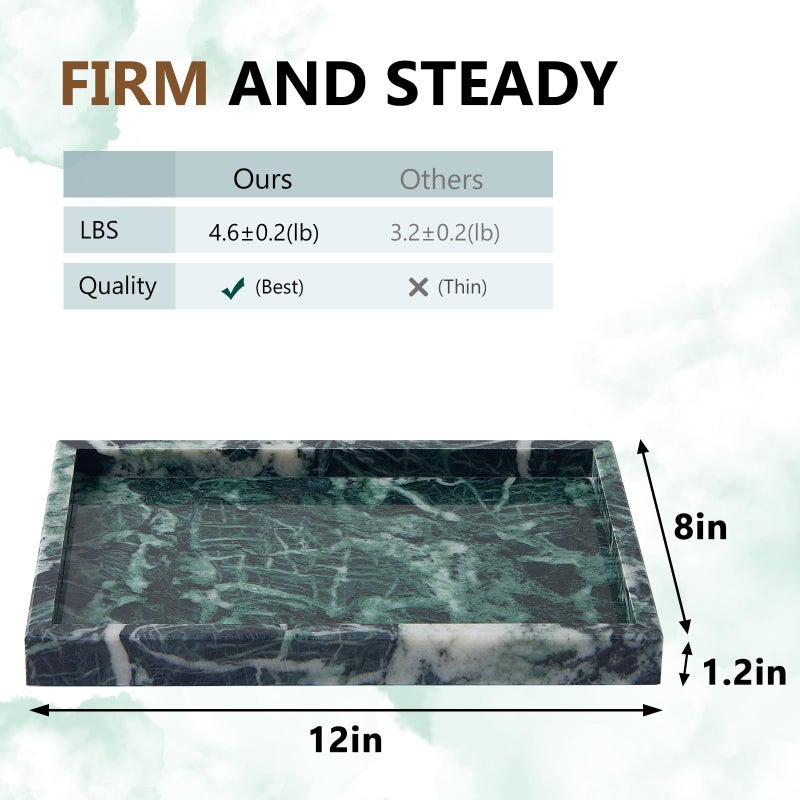 Zilukar Real Natural Marble Tray for Bathroom, Vanity, Kitchen and Desktop, Rectangle Genuine Marble Stone Tray for Jewelry, Cosmetics, Candles, Lotion, Perfume (Snowflake-Green, 12" x 8" x 1.2") - Image 2